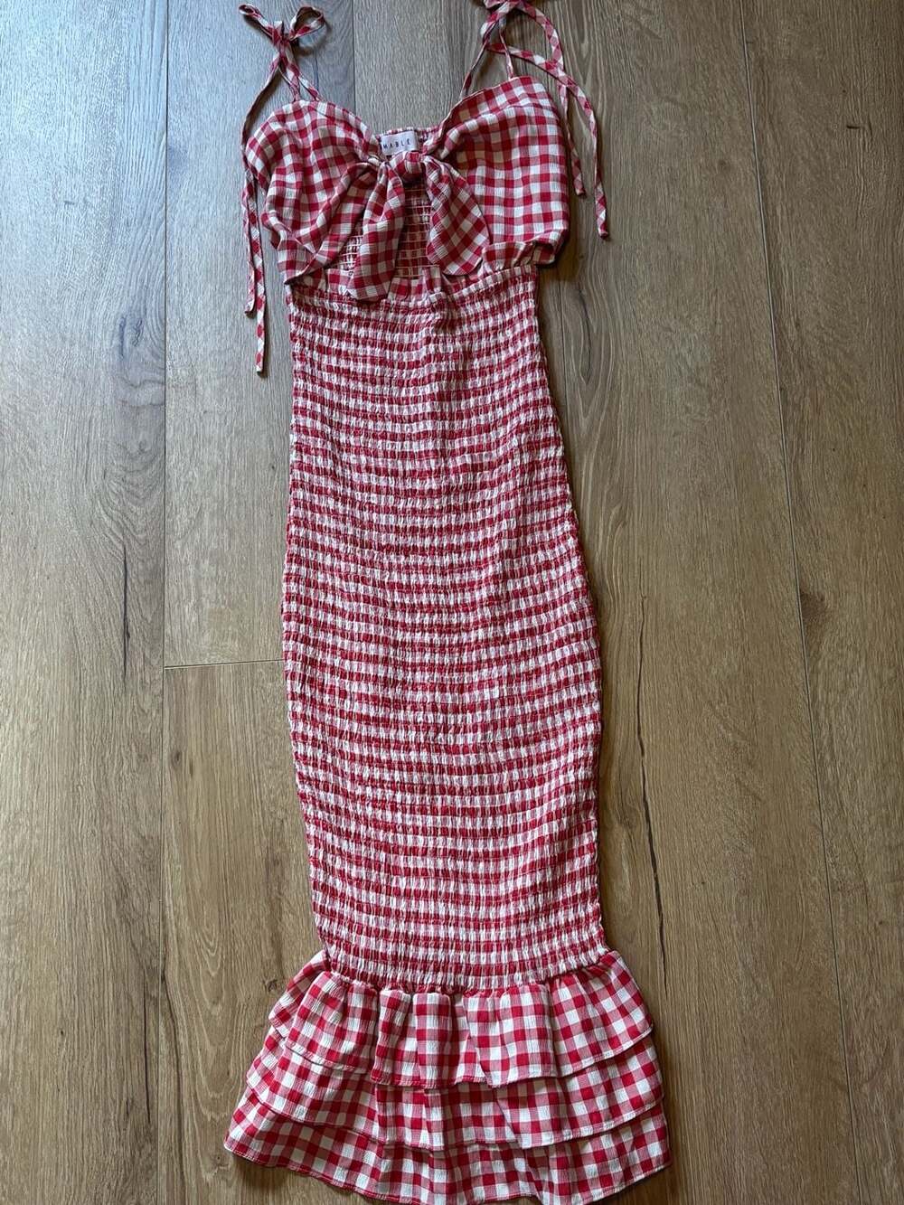 MABLE Red and White Gingham Smocked Tie-Front Midi Dress Size S